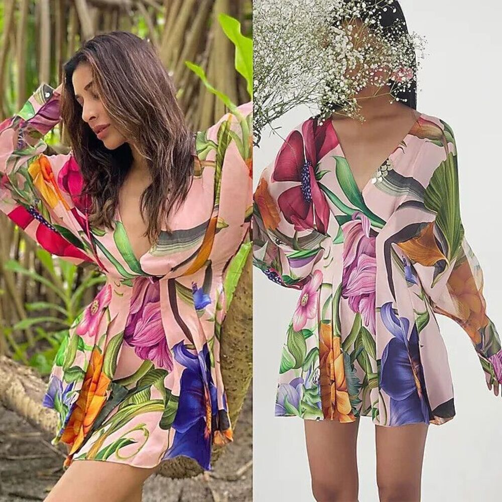 Floral V-Neck Mini Dress in Pink